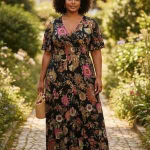 Johnny Was | Dresses | Johnny Was Jessi Knit V Neck Maxi Dress Floral  Embroidered Long Black Xl | Poshmark